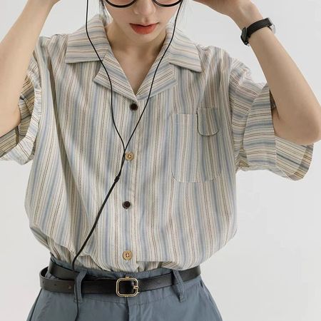 College Style Japanese Striped Short-Sleeved Shirt Female Student Tops